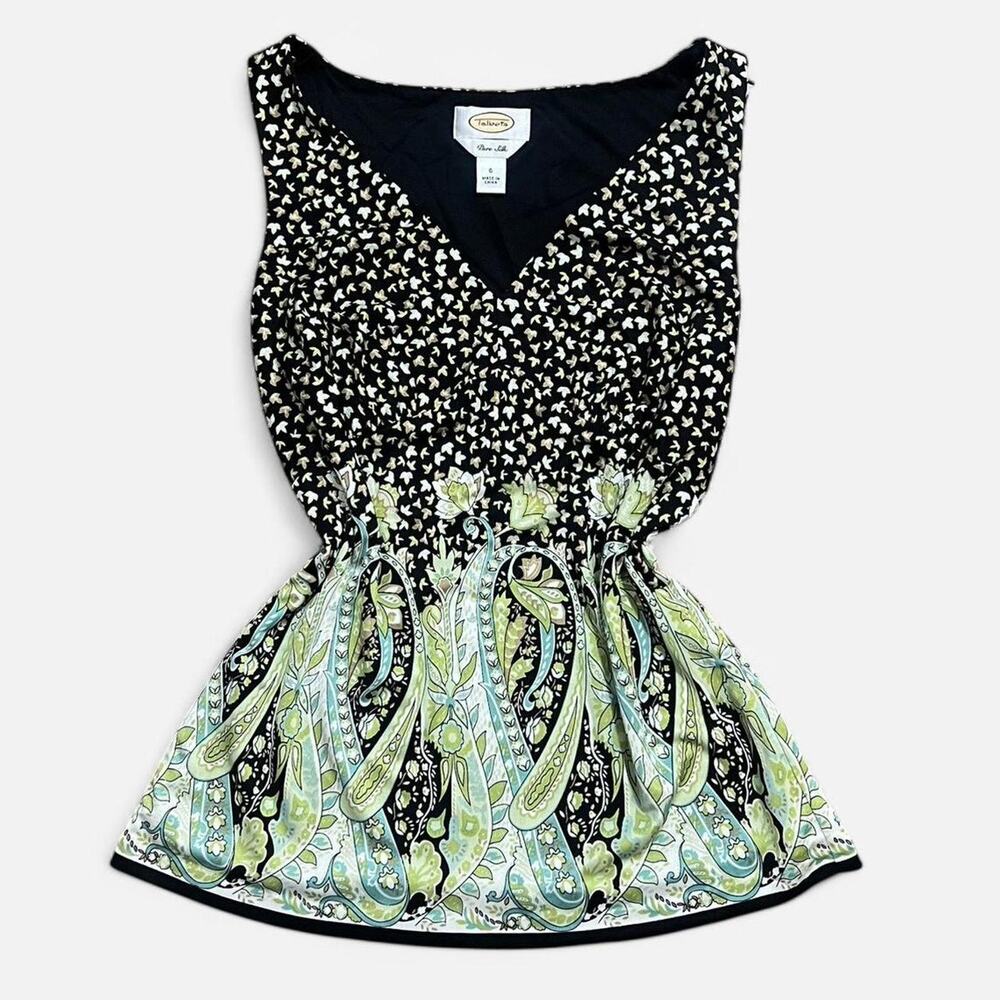VTG Y2K Talbots Pure Silk Black, Green & White Floral Paisley Boho Fairy Top 6/S